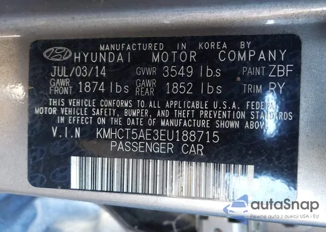 2014 Hyundai Accent Gs z USA, uszkodzony, nr VIN KMHCT5AE3EU188715